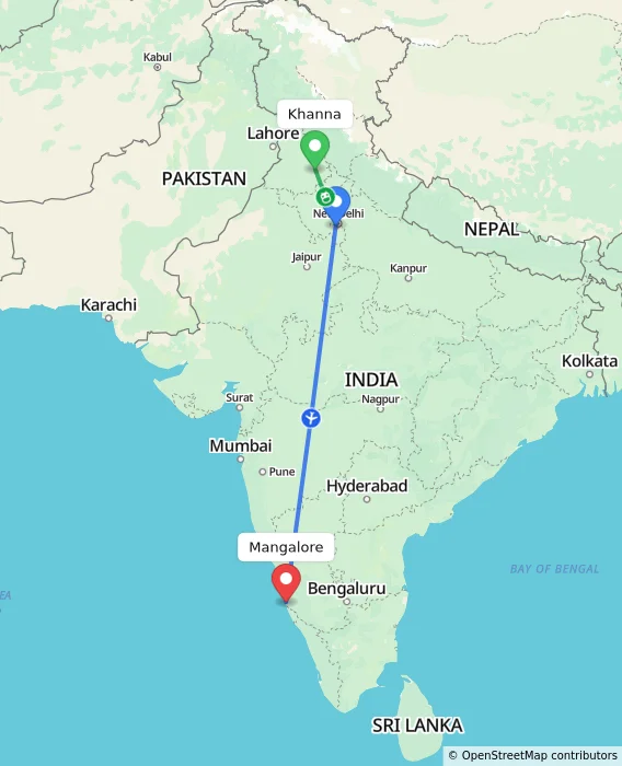 Route map showing distance and travel time from Khanna, India to Mangalore, India