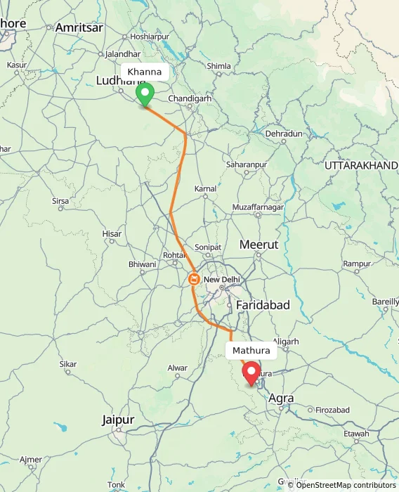 Route map showing distance and travel time from Khanna, India to Mathura, India