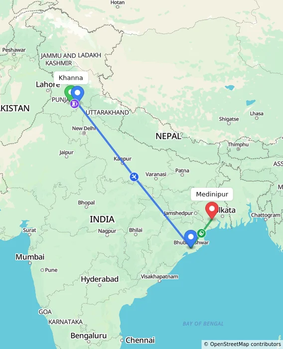 Route map showing distance and travel time from Khanna, India to Medinipur, India