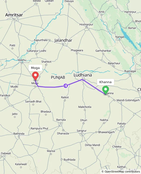 Route map showing distance and travel time from Khanna, India to Moga, India