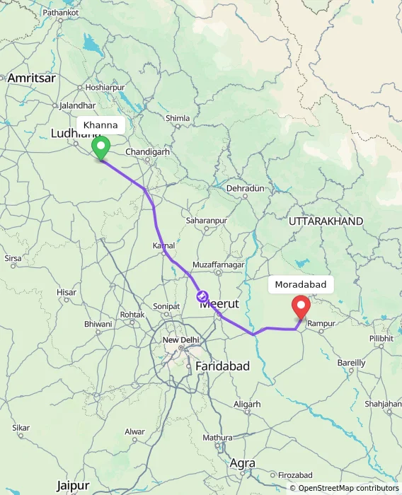 Route map showing distance and travel time from Khanna, India to Moradabad, India