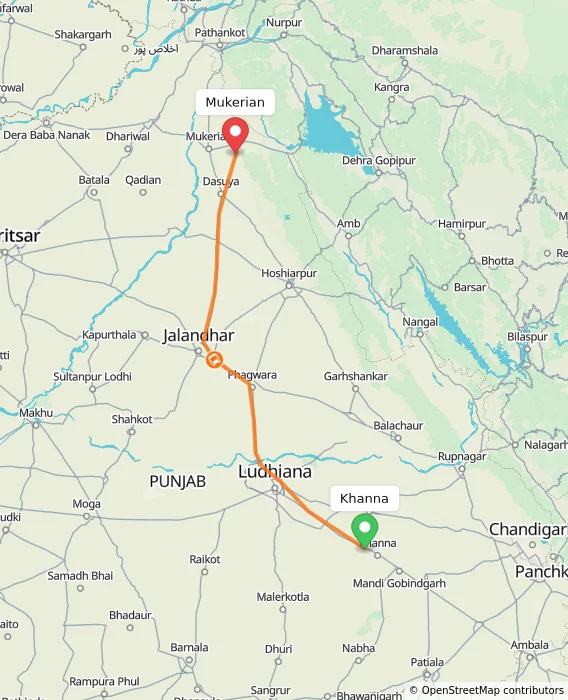 Route map showing distance and travel time from Khanna, India to Mukerian, India