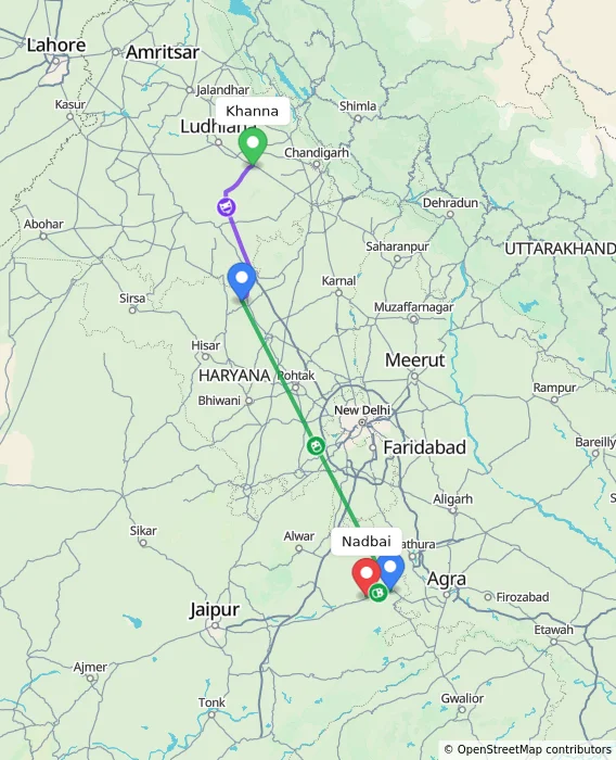 Route map showing distance and travel time from Khanna, India to Nadbai, India