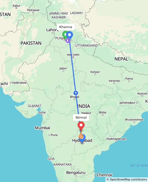 Route map showing distance and travel time from Khanna, India to Nirmal, India