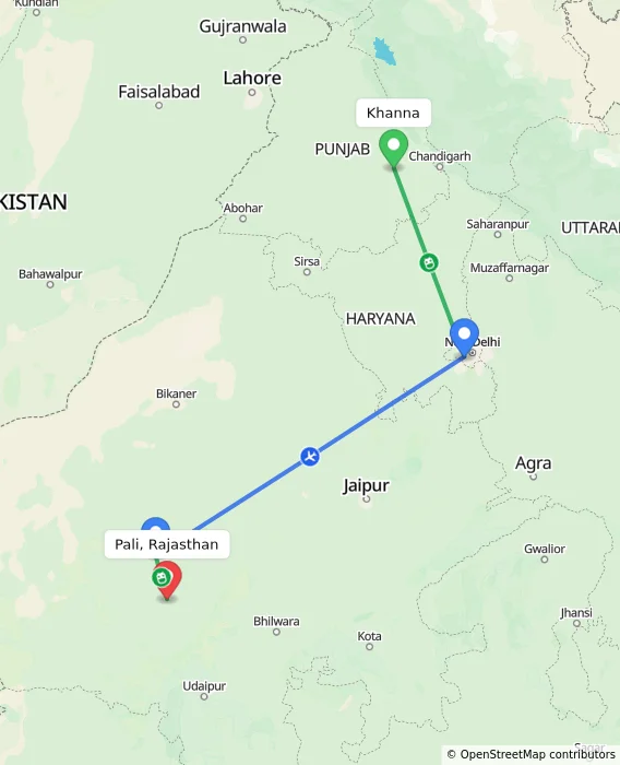 Route map showing distance and travel time from Khanna, India to Pali, Rajasthan, India