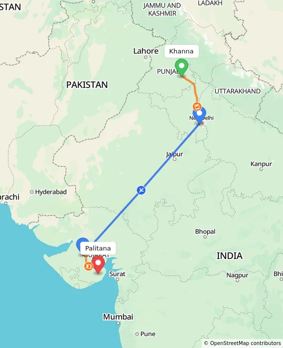 Route map showing distance and travel time from Khanna, India to Palitana, India
