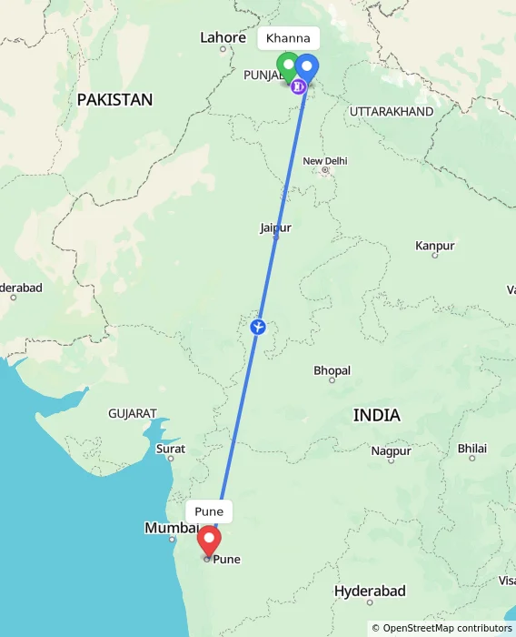 Route map showing distance and travel time from Khanna, India to Pune, India