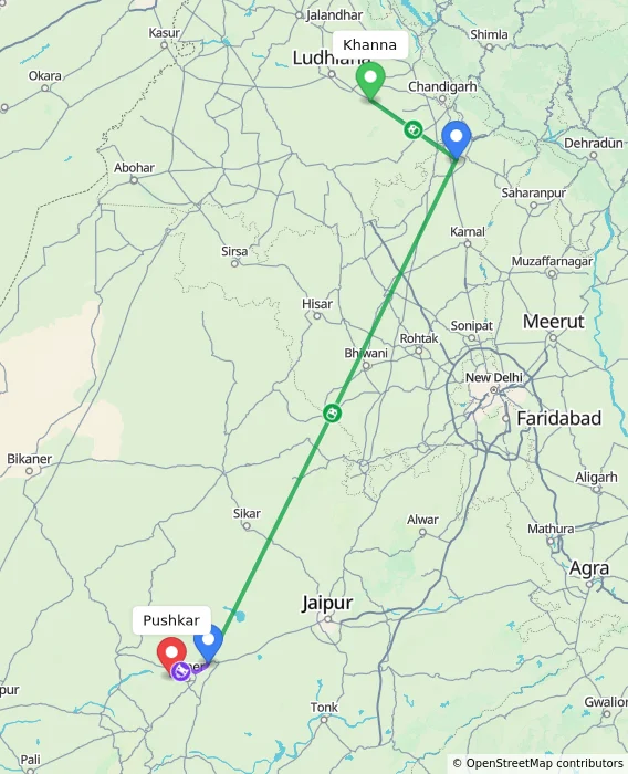 Route map showing distance and travel time from Khanna, India to Pushkar, India