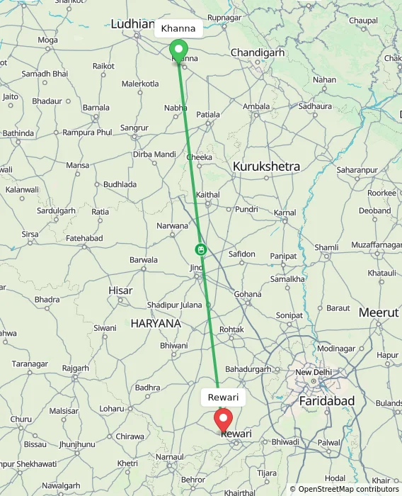 Route map showing distance and travel time from Khanna, India to Rewari, India
