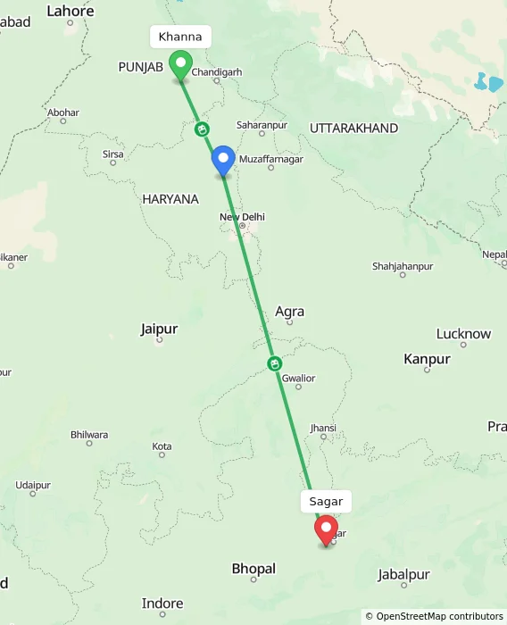 Route map showing distance and travel time from Khanna, India to Sagar, India