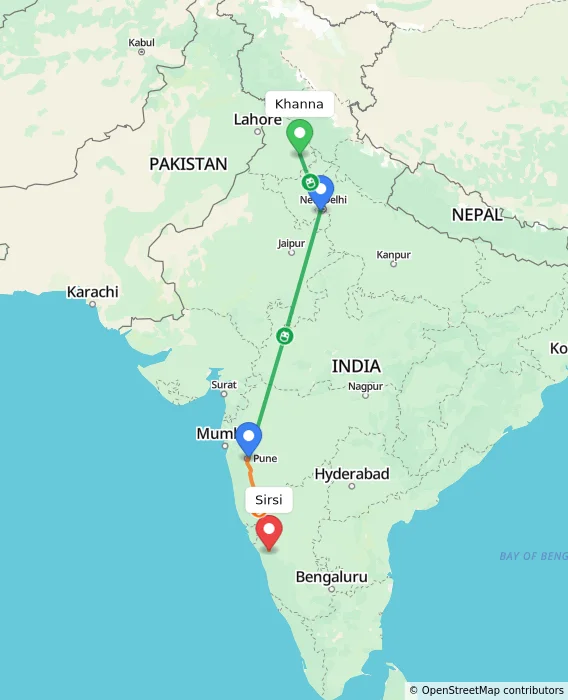 Route map showing distance and travel time from Khanna, India to Sirsi, India
