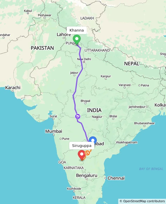 Route map showing distance and travel time from Khanna, India to Siruguppa, India