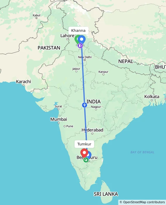Route map showing distance and travel time from Khanna, India to Tumkur, India