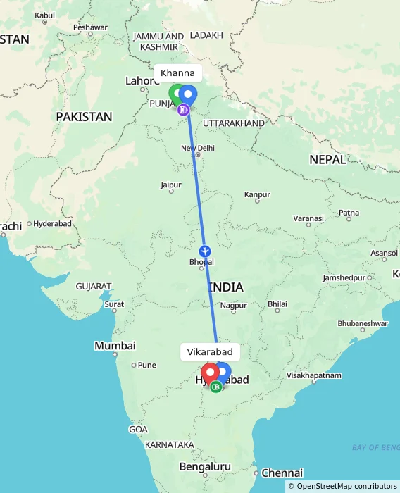 Route map showing distance and travel time from Khanna, India to Vikarabad, India