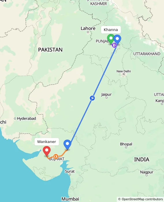 Route map showing distance and travel time from Khanna, India to Wankaner, India