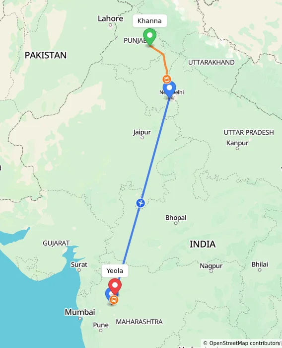 Route map showing distance and travel time from Khanna, India to Yeola, India