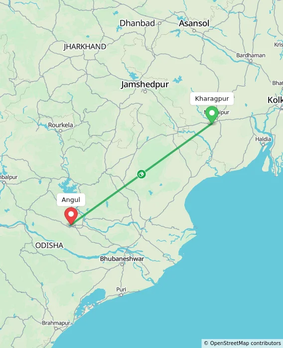 Route map showing distance and travel time from Kharagpur, India to Angul, India