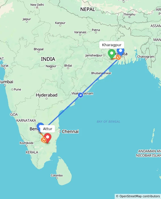 Route map showing distance and travel time from Kharagpur, India to Attur, India