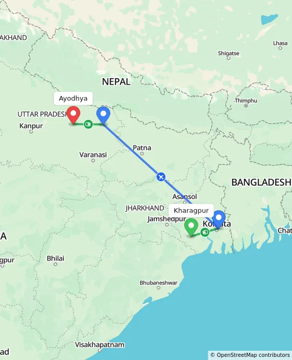Route map showing distance and travel time from Kharagpur, India to Ayodhya, India