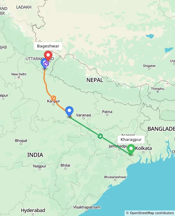 Route map showing distance and travel time from Kharagpur, India to Bageshwar, India