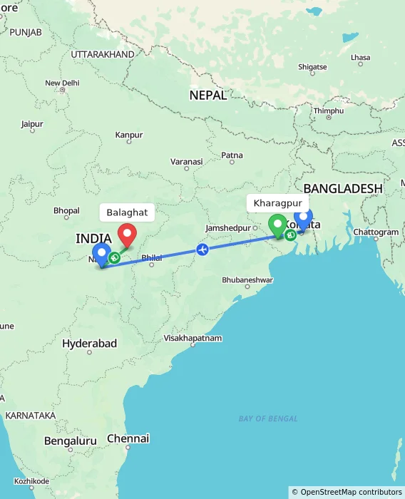 Route map showing distance and travel time from Kharagpur, India to Balaghat, India