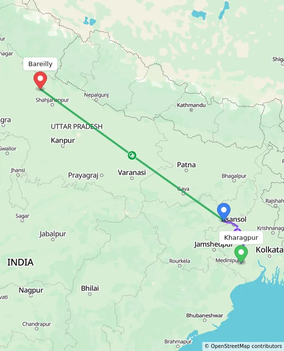Route map showing distance and travel time from Kharagpur, India to Bareilly, India