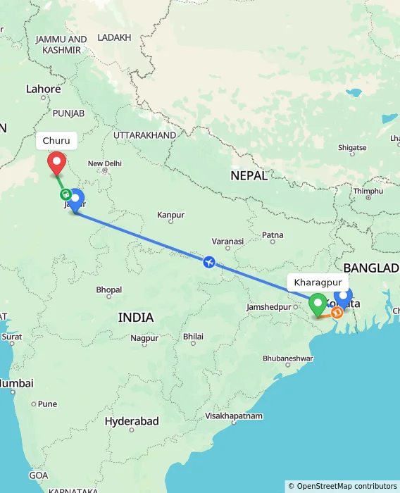 Route map showing distance and travel time from Kharagpur, India to Churu, India