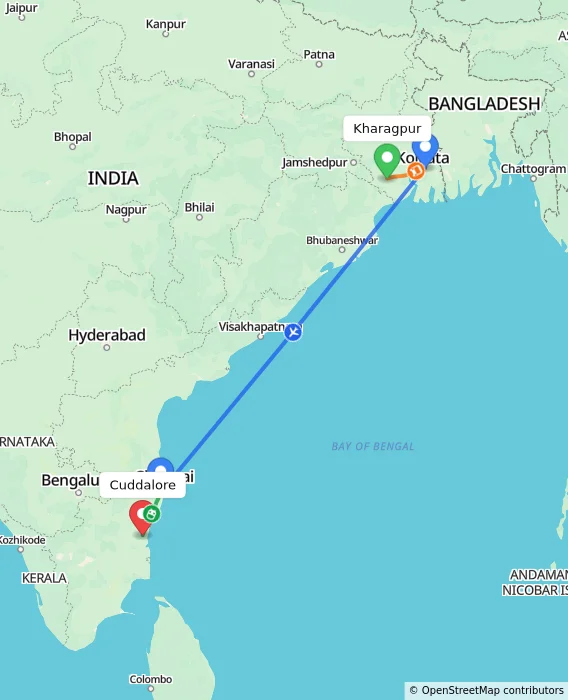 Route map showing distance and travel time from Kharagpur, India to Cuddalore, India