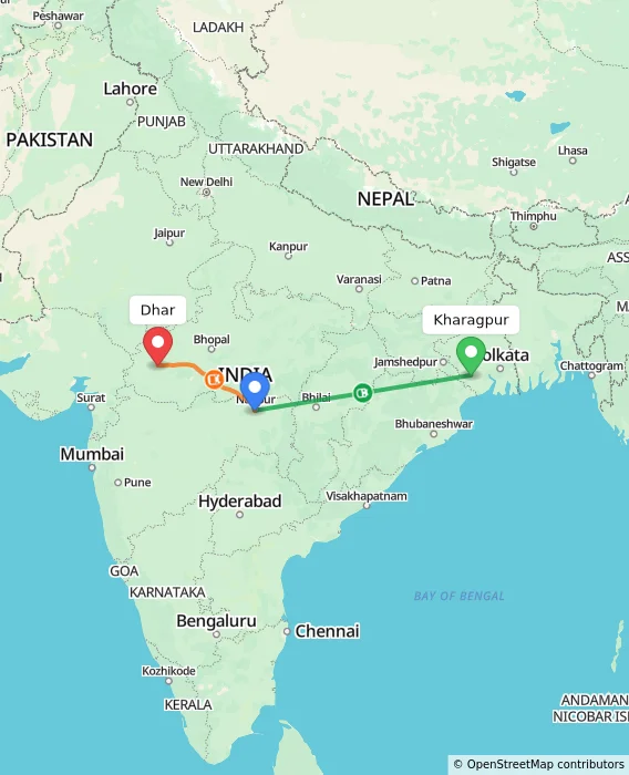Route map showing distance and travel time from Kharagpur, India to Dhar, India