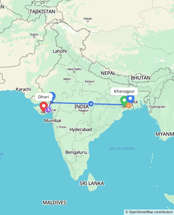 Route map showing distance and travel time from Kharagpur, India to Dhari, India