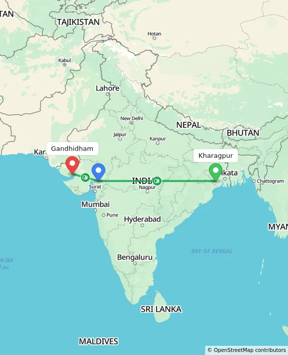 Route map showing distance and travel time from Kharagpur, India to Gandhidham, India