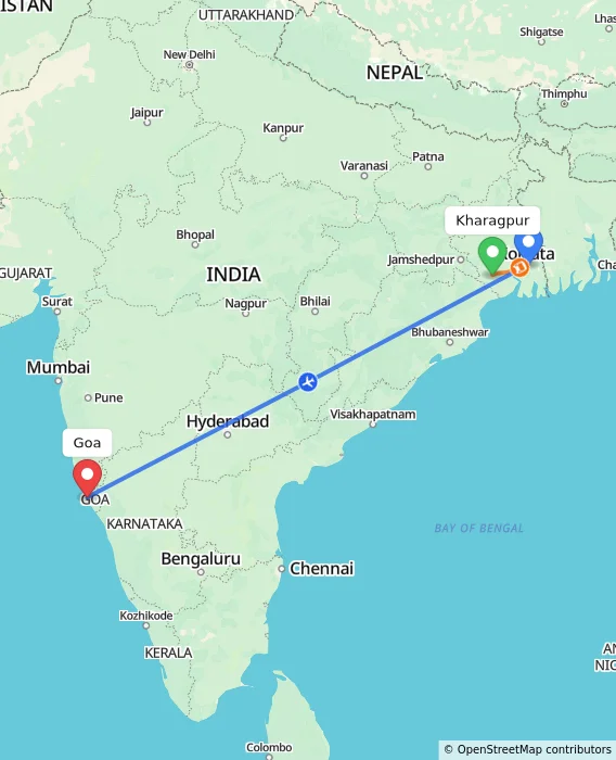 Route map showing distance and travel time from Kharagpur, India to Goa, India