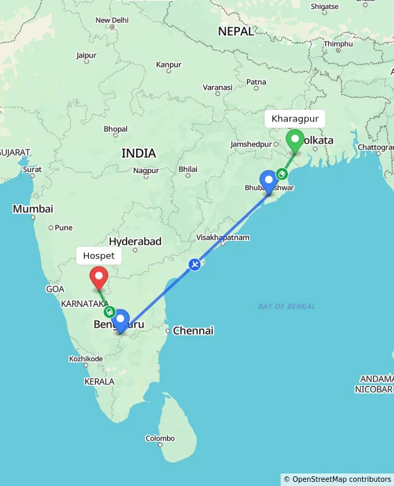 Route map showing distance and travel time from Kharagpur, India to Hospet, India