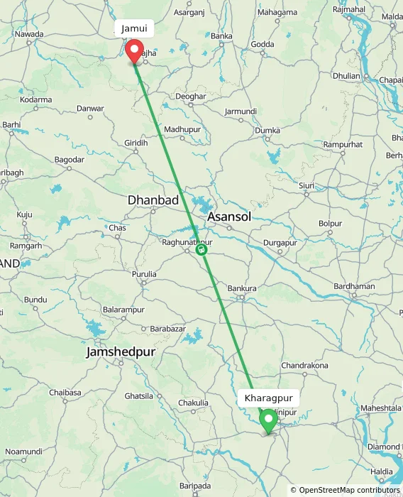 Route map showing distance and travel time from Kharagpur, India to Jamui, India