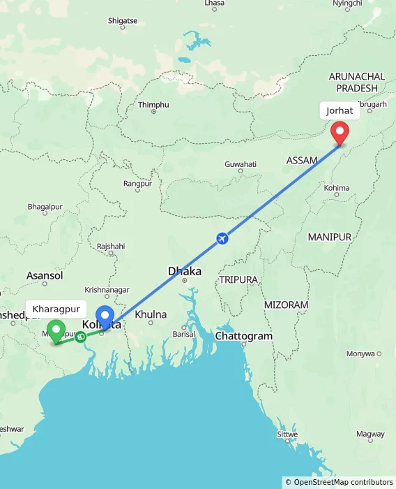 Route map showing distance and travel time from Kharagpur, India to Jorhat, India
