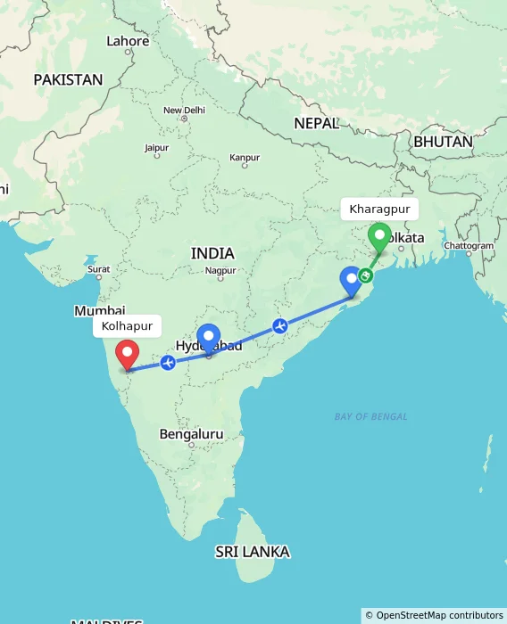 Route map showing distance and travel time from Kharagpur, India to Kolhapur, India