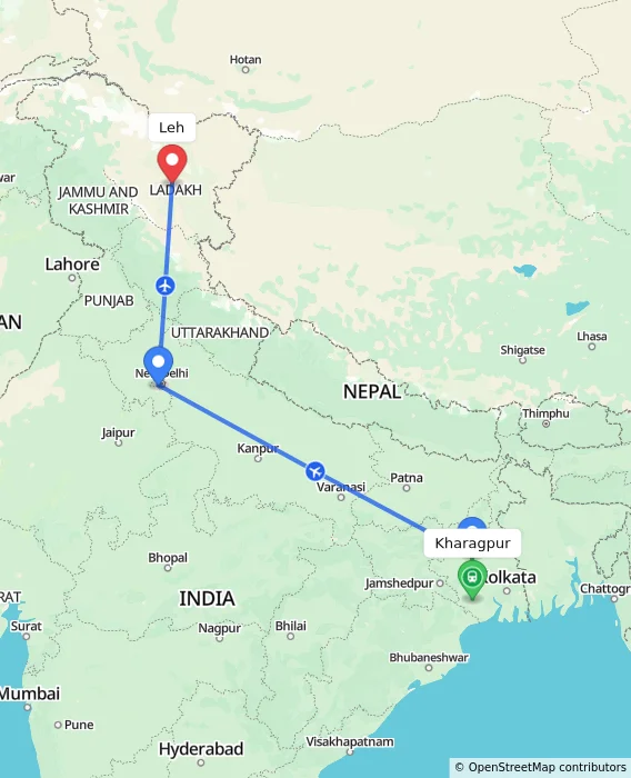 Route map showing distance and travel time from Kharagpur, India to Leh, India