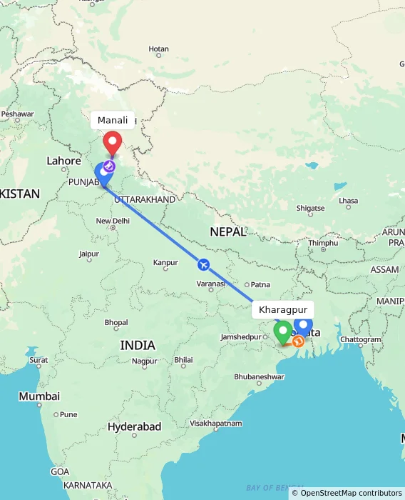 Route map showing distance and travel time from Kharagpur, India to Manali, India