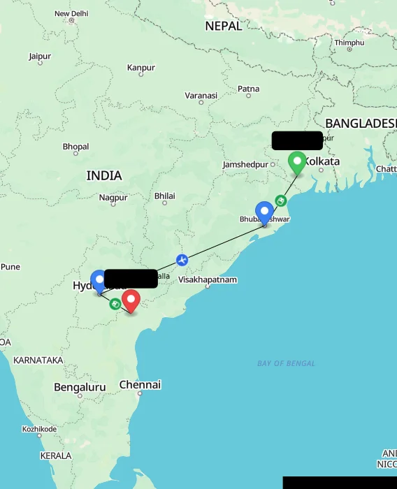 Route map showing distance and travel time from Kharagpur, India to Piduguralla, India