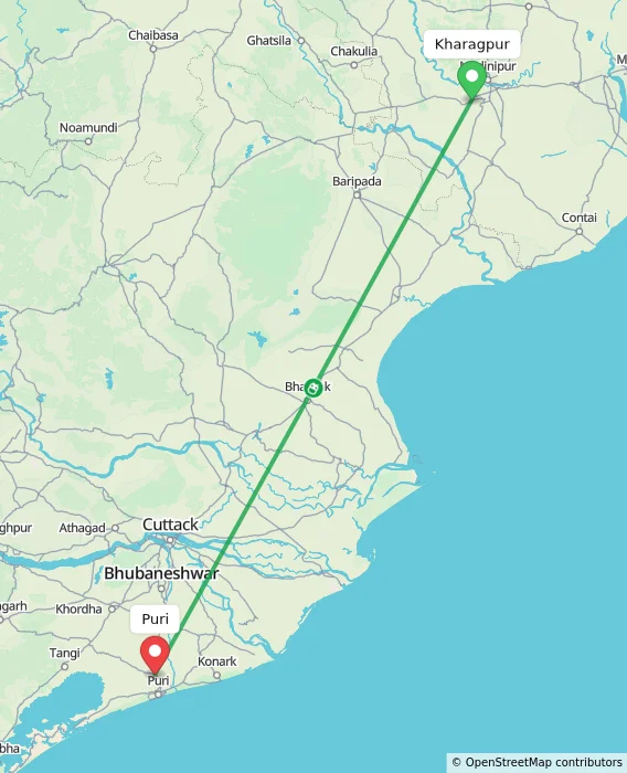Route map showing distance and travel time from Kharagpur, India to Puri, India