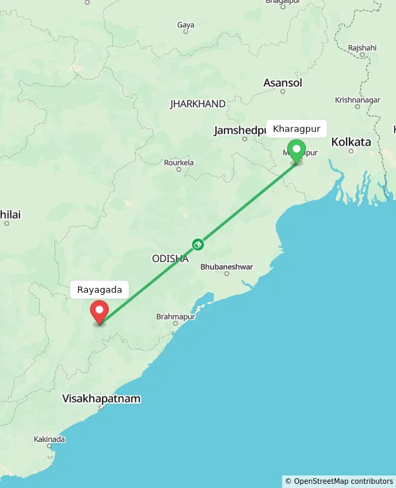 Route map showing distance and travel time from Kharagpur, India to Rayagada, India