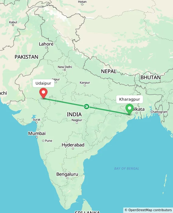 Route map showing distance and travel time from Kharagpur, India to Udaipur, India