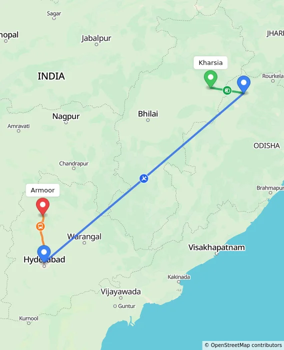 Route map showing distance and travel time from Kharsia, India to Armoor, India