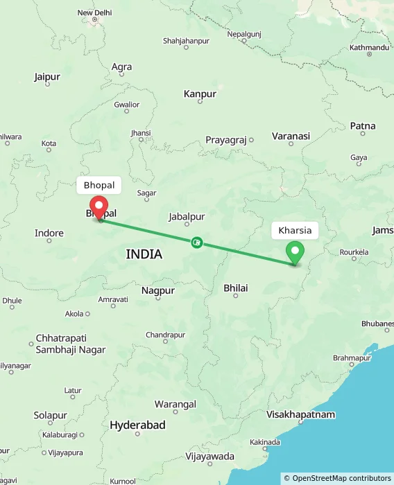 Route map showing distance and travel time from Kharsia, India to Bhopal, India