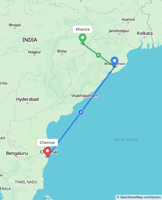 Route map showing distance and travel time from Kharsia, India to Chennai, India
