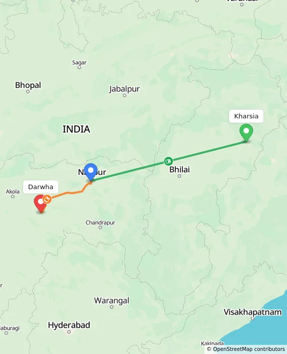 Route map showing distance and travel time from Kharsia, India to Darwha, India