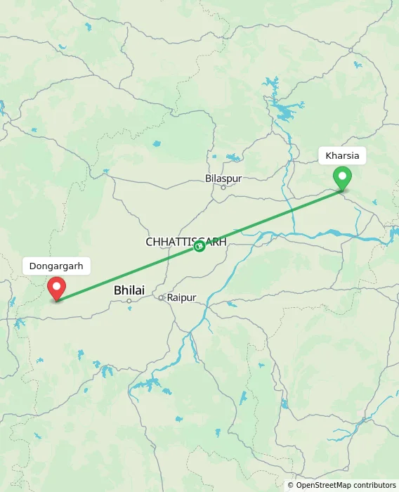 Route map showing distance and travel time from Kharsia, India to Dongargarh, India