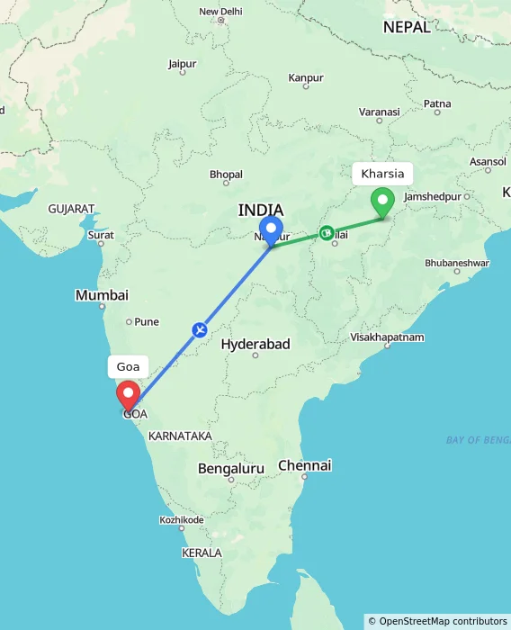 Route map showing distance and travel time from Kharsia, India to Goa, India