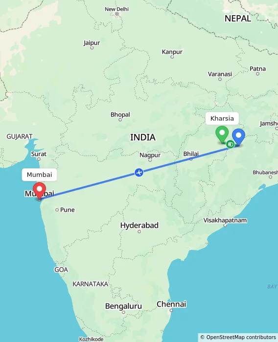 Route map showing distance and travel time from Kharsia, India to Mumbai, India