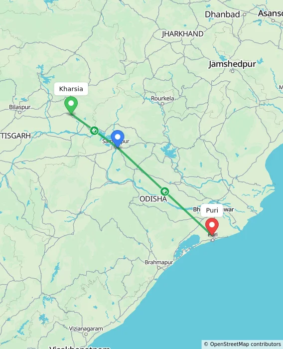 Route map showing distance and travel time from Kharsia, India to Puri, India
